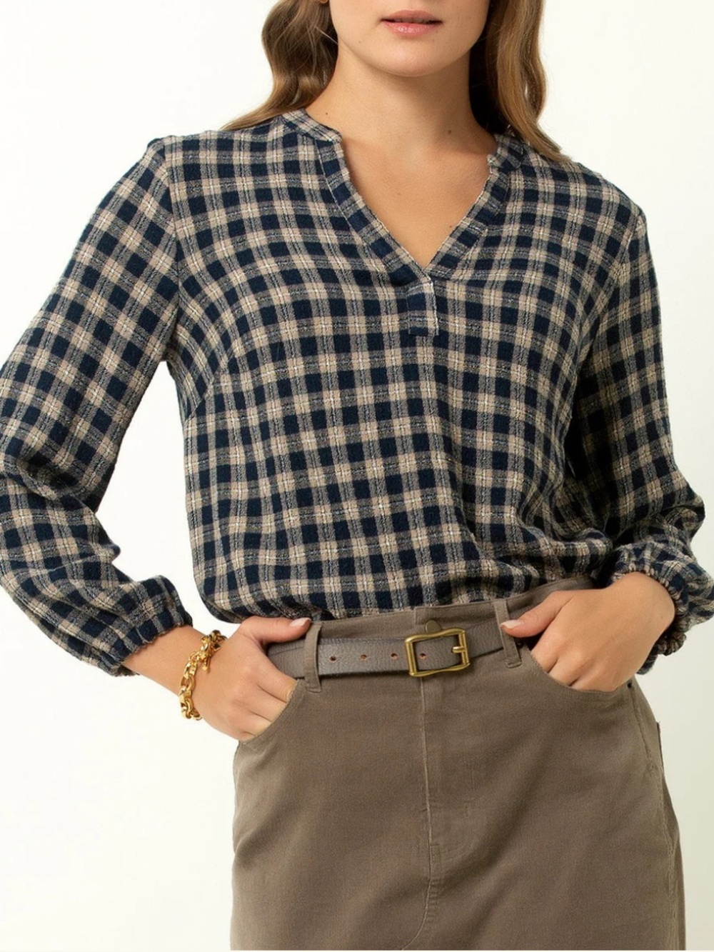 🟠NWT FELINA Long Sleeve Peasant Top in Navy Plaid SMALL